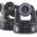 A staggered line of PTZ cameras from Marshall in black and white