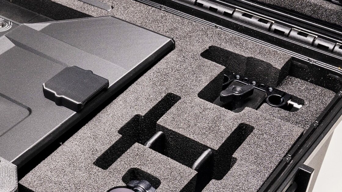 The corner of a foam-lined case from PrimeLight Design