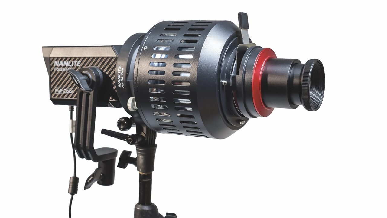 A Nanlite light with an Ambitful projector attached, against a white background