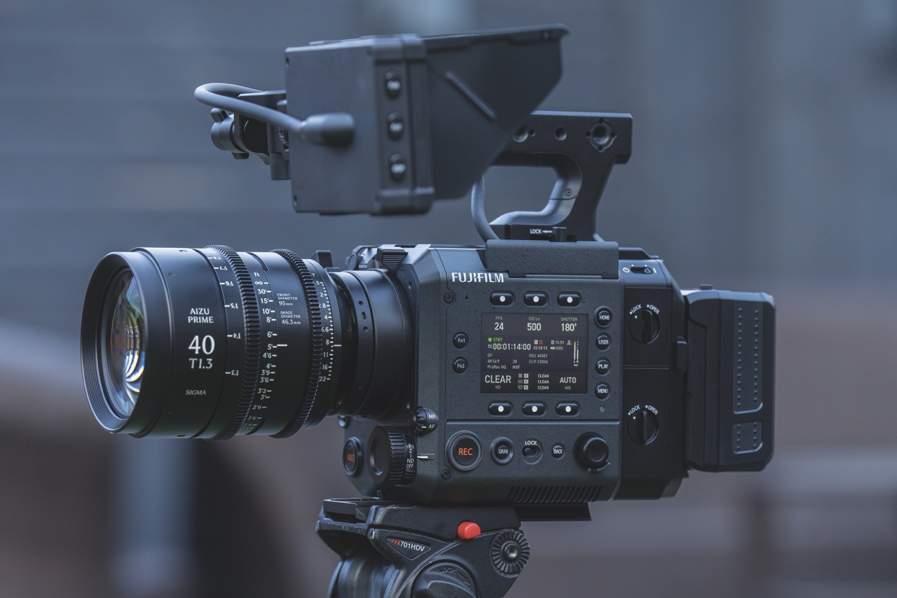 A Fujifilm GFX Eterna 55 camera placed outside in a dim setting