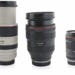 Three Canon cameras in height order from tallest to shortest, against a white background